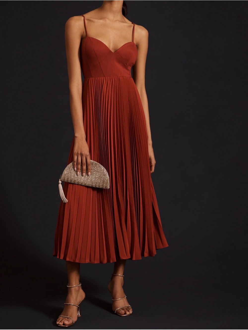 Anthropologie Rust Red Pleated Spaghetti-Strap Midi Dress